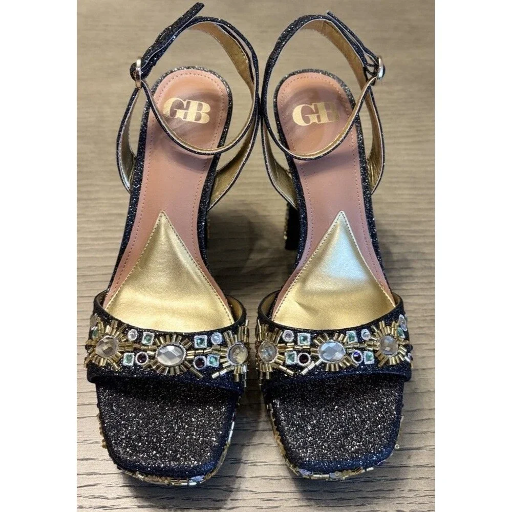 GIANNI BINI Black Gold Embellished Platform Heels Glam Party. Sizes 6.5 , 7 , 8